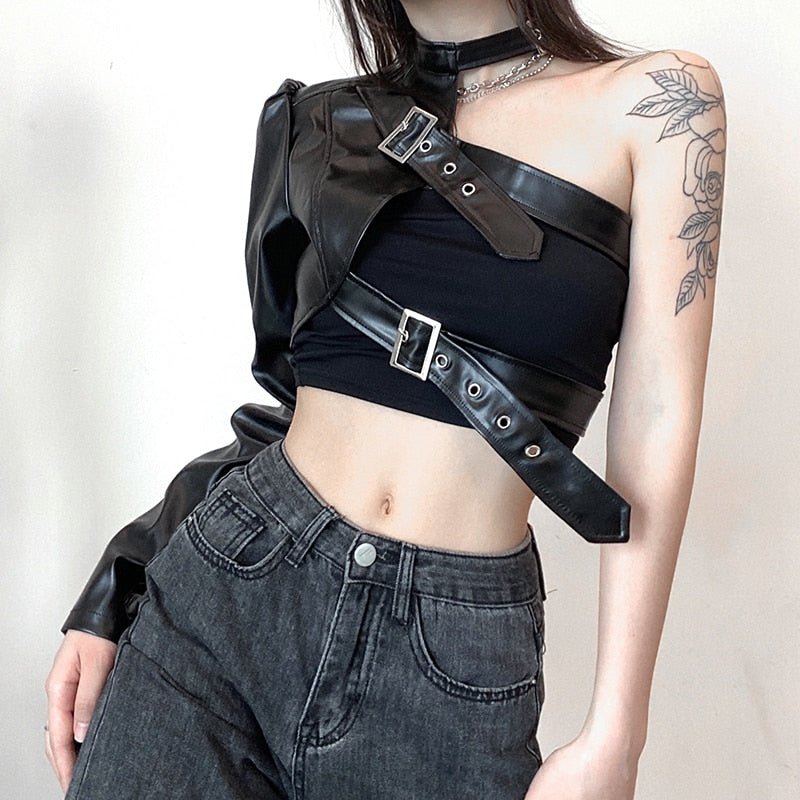 Punk Aesthetic PU Leather One Shoulder Crop Top for Edgy Y2K Fashion Outfits