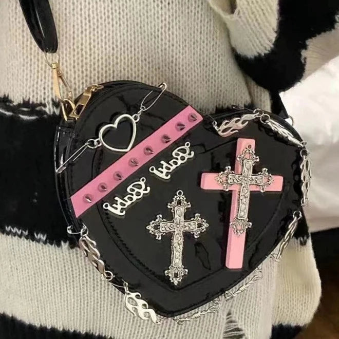 Punk Cross Heart-Shaped Shoulder Bag for Y2K Aesthetic and Grunge Style Outfits