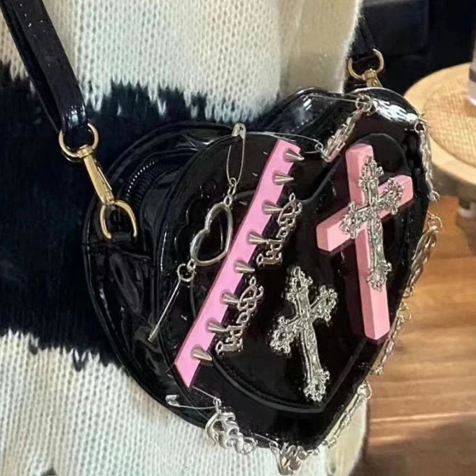 Punk Cross Heart-Shaped Shoulder Bag for Y2K Aesthetic and Grunge Style Outfits