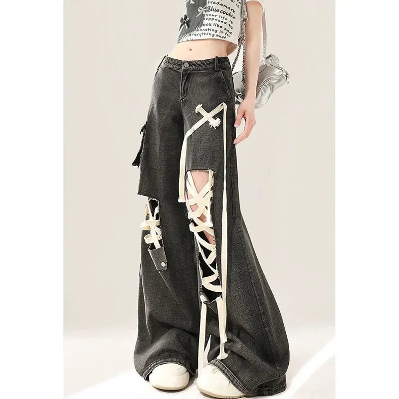 Punk Grunge Lace-Up Distressed Jeans for Y2K Aesthetic and Edgy Outfits