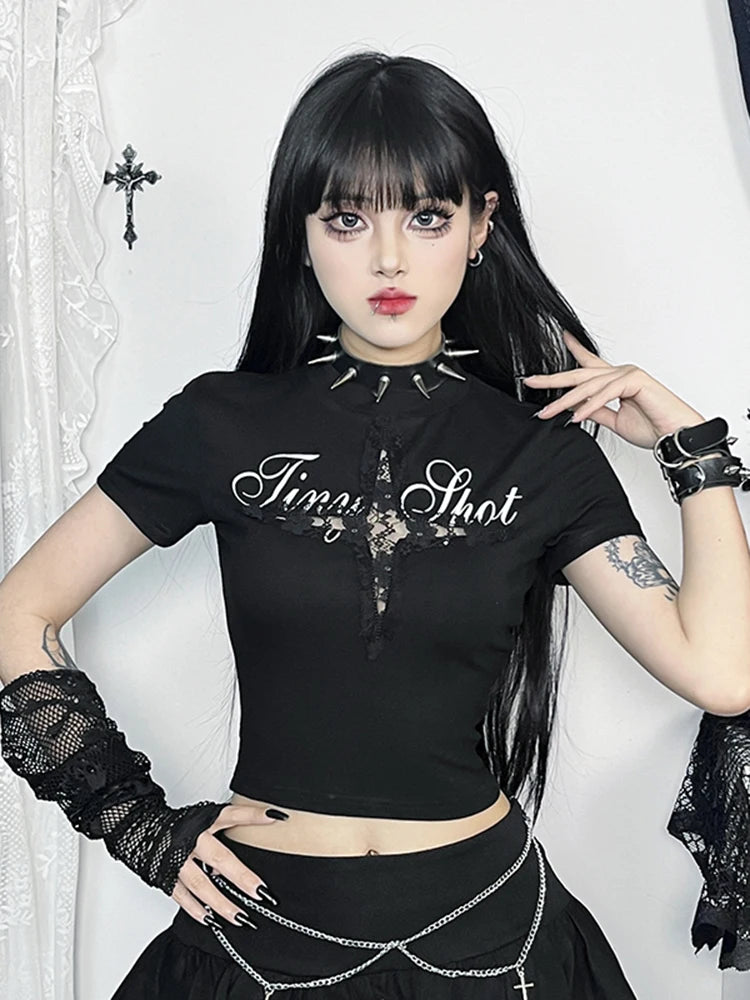 Punk Hollow Out Black T-Shirt - Y2K Grunge Style Top for Edgy Aesthetic Outfits