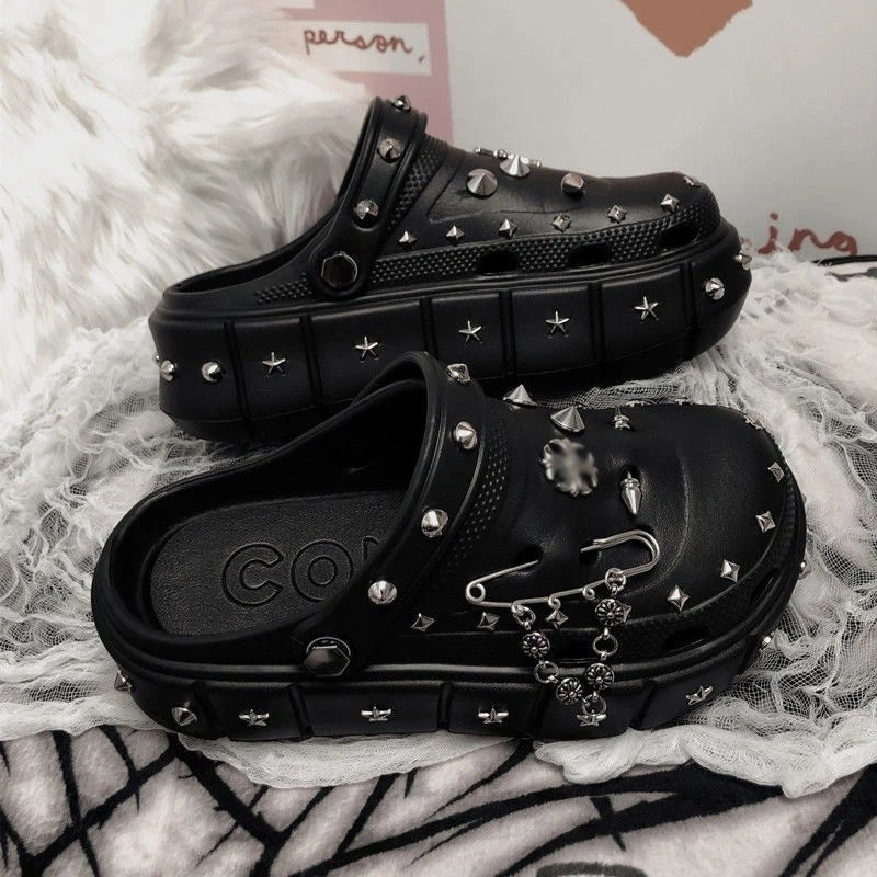 Punk Rivet Platform Slippers for Edgy Aesthetic and Grunge Style Fashion Lovers