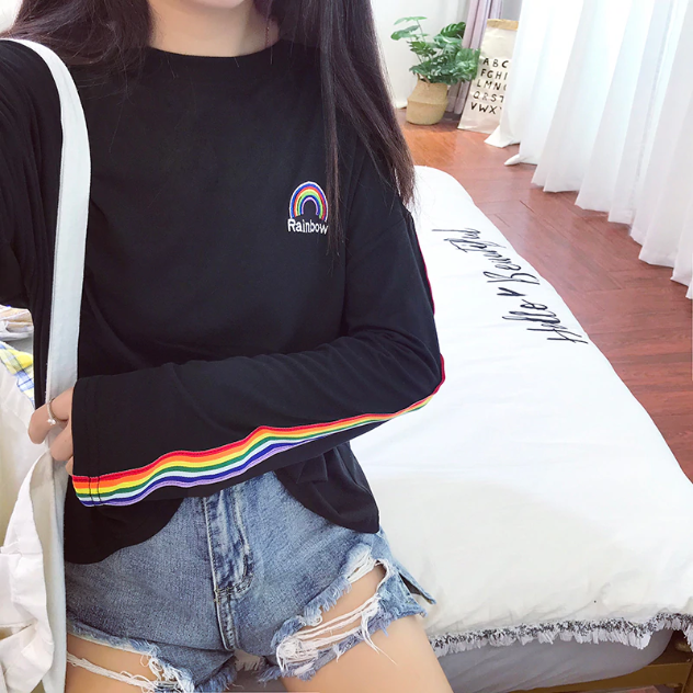 Rainbow Pocket Embroidery Y2K Aesthetic Long Sleeve Shirt for Cute Outfits