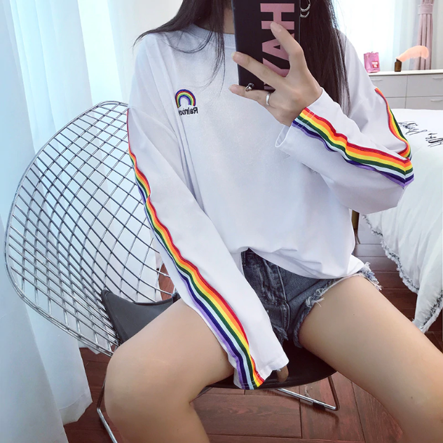 Rainbow Pocket Embroidery Y2K Aesthetic Long Sleeve Shirt for Cute Outfits