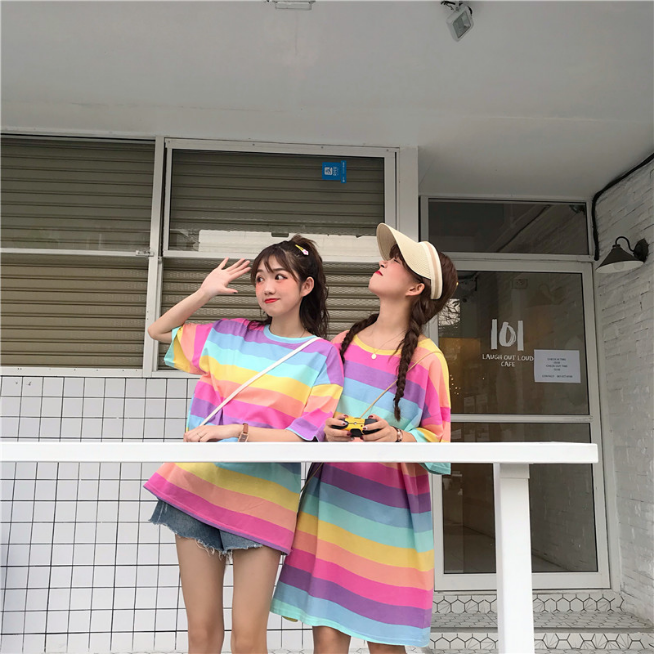 Rainbow Stripe Oversized Shirt - Y2K Aesthetic Top for Comfy, Cute Outfits