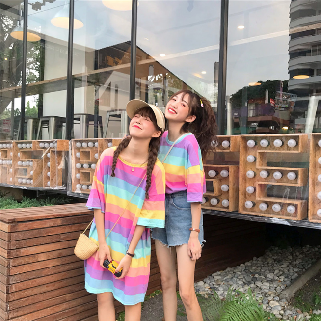 Rainbow Stripe Oversized Shirt - Y2K Aesthetic Top for Comfy, Cute Outfits