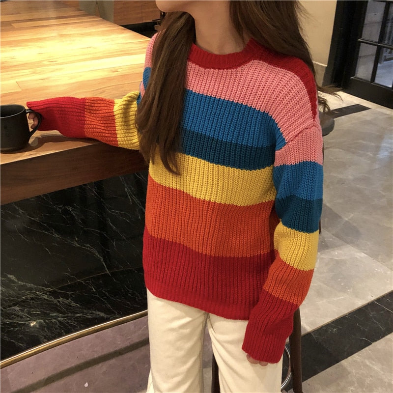 Rainbow Stripe Y2K Knitted Sweater - Cute Pastel Aesthetic Top for Cozy Outfits