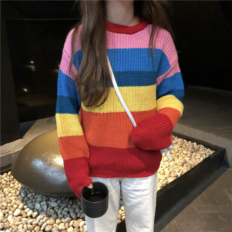 Rainbow Stripe Y2K Knitted Sweater - Cute Pastel Aesthetic Top for Cozy Outfits