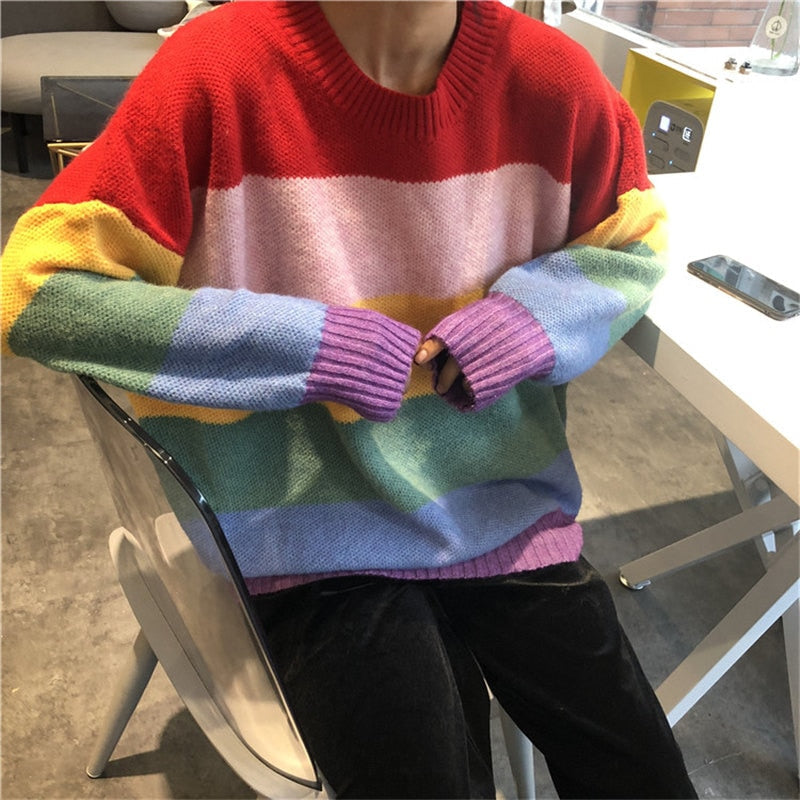 Rainbow Stripe Y2K Oversized Sweater - Cute and Comfy Aesthetic Top for Effortless Style