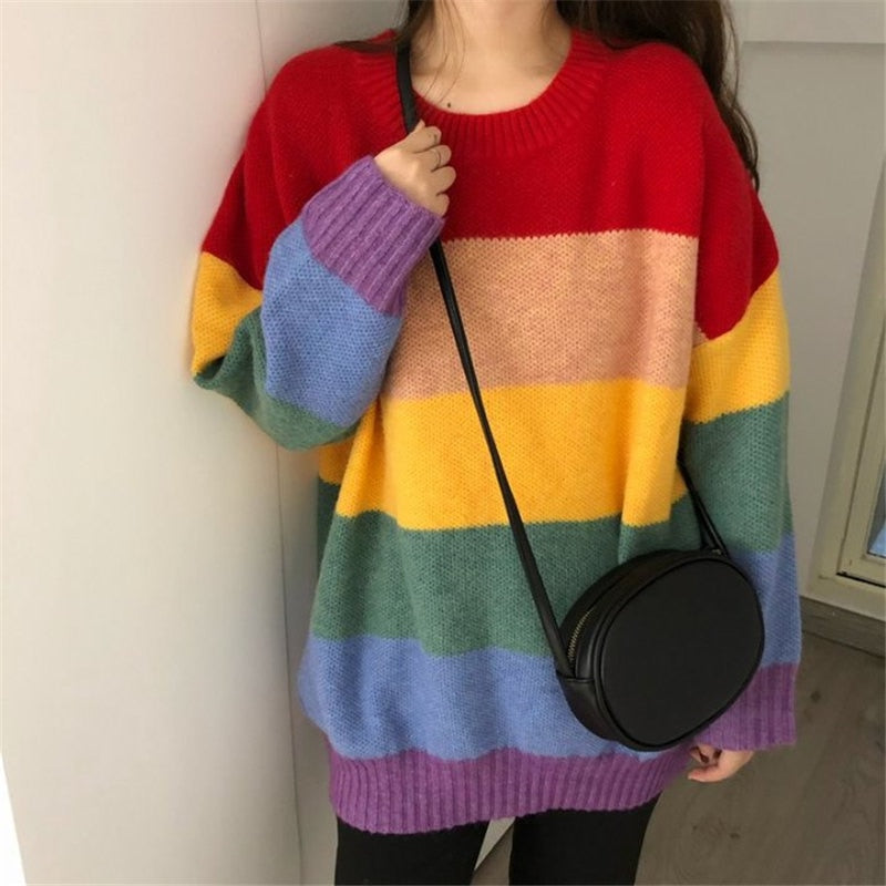 Rainbow Stripe Y2K Oversized Sweater - Cute and Comfy Aesthetic Top for Effortless Style