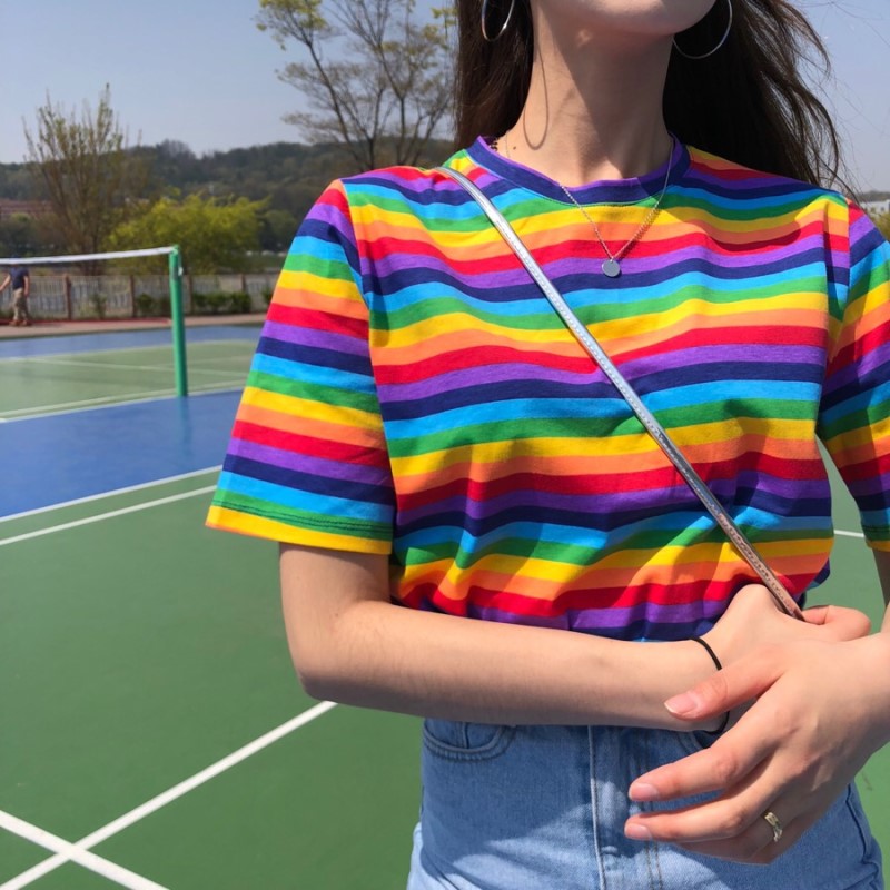 Rainbow Striped Y2K Aesthetic Loose O Neck Shirt for Trendy Casual Outfits