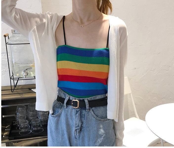 Rainbow Striped Y2K Aesthetic Sexy Skinny Camisole Tank Top for Trendy Outfits