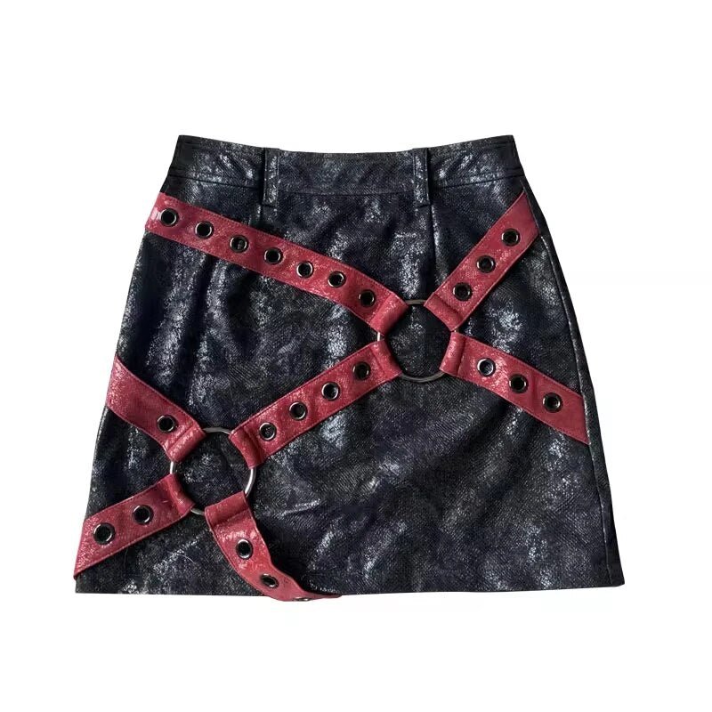 Red & Black Y2K Aesthetic PU Leather Mini Skirt for Grunge and Coquette Styles