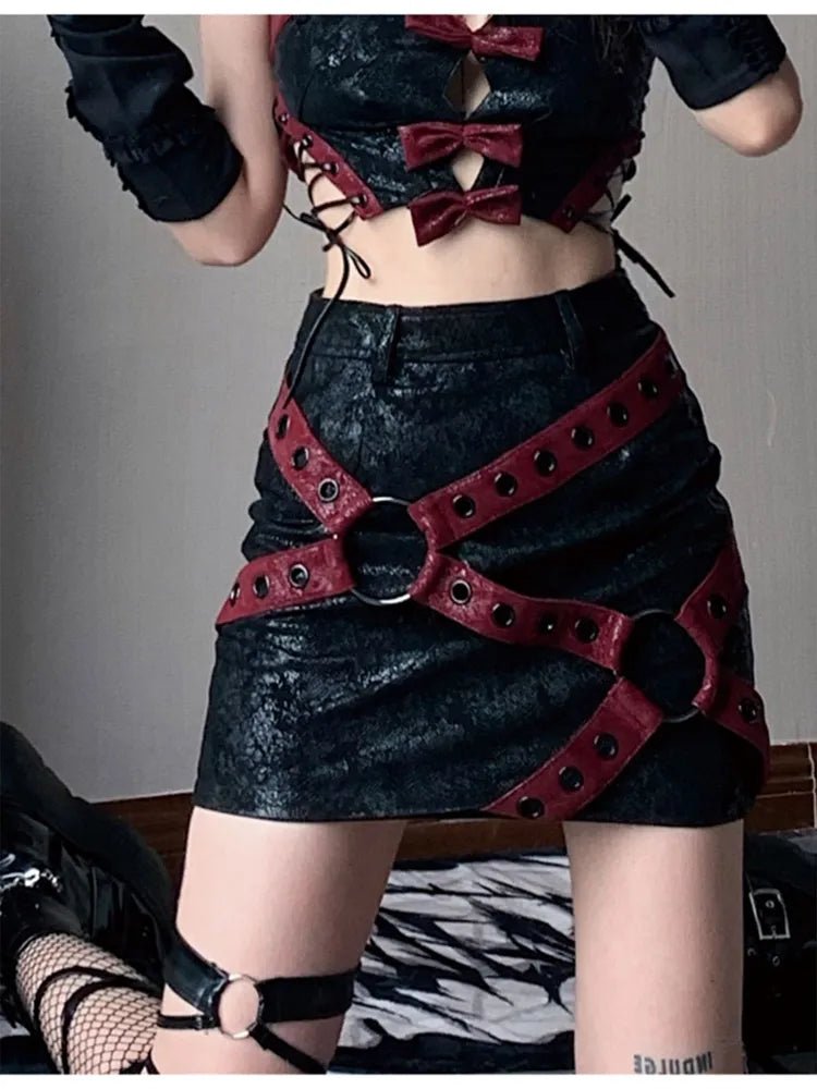 Red & Black Y2K Aesthetic PU Leather Mini Skirt for Grunge and Coquette Styles