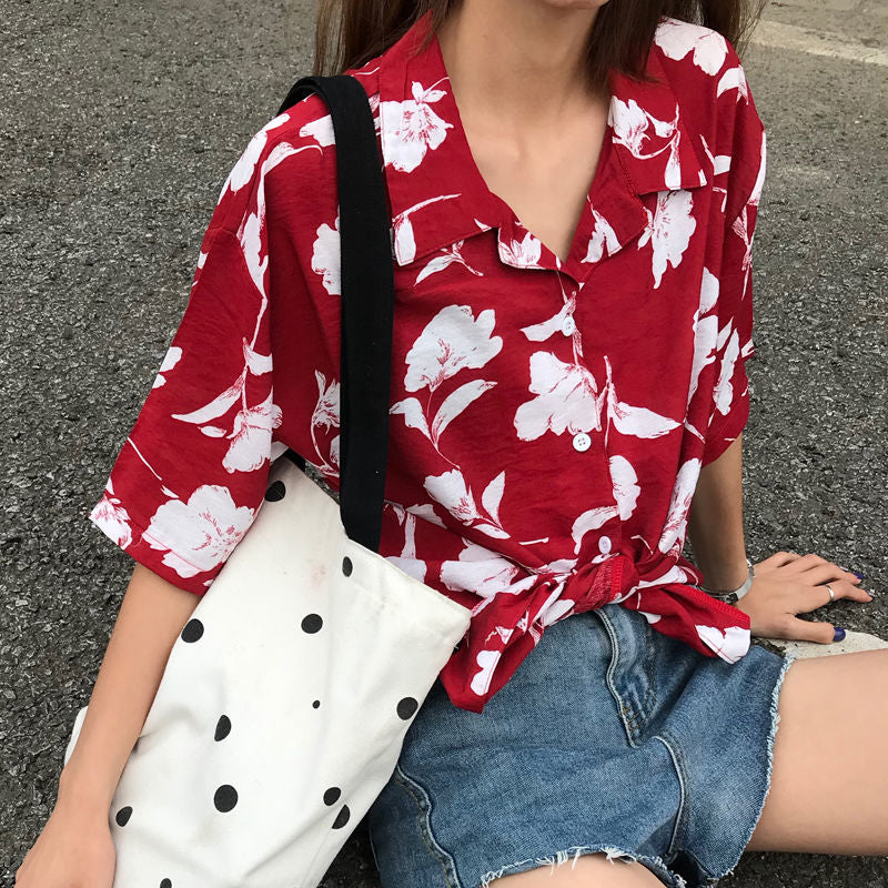 Red Floral Printed Blouse - Y2K Aesthetic Short Sleeve Top for Cute Outfits