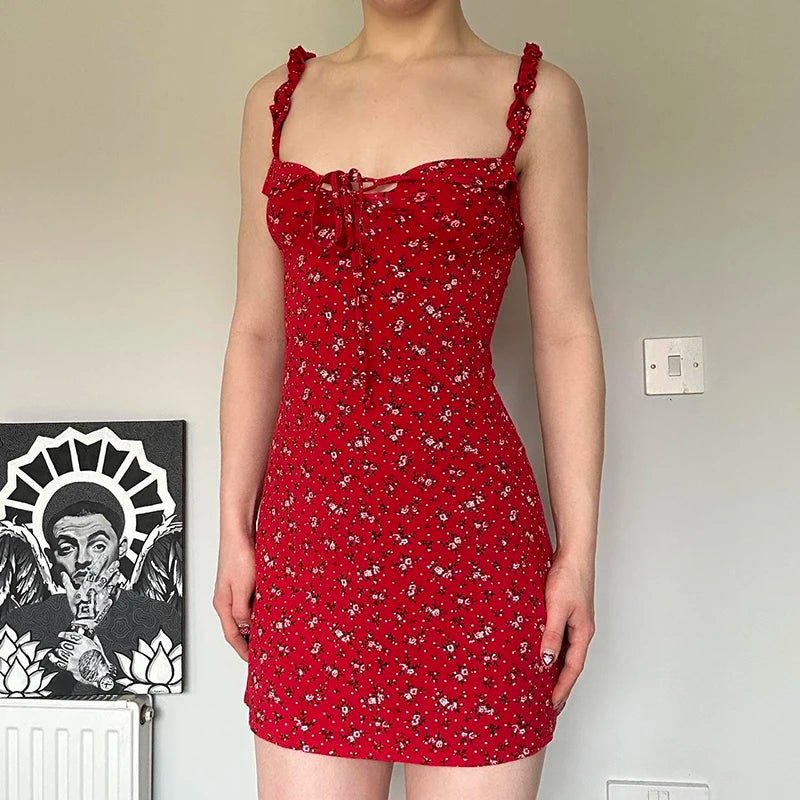 Red Floral Y2K Mini Sundress - Cute Coquette Aesthetic Dress for Effortless Style