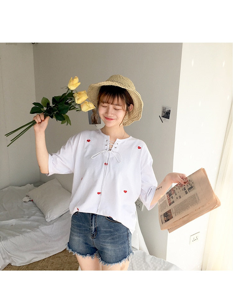 Red Heart Embroidered Cute Casual Loose Shirt - Y2K Aesthetic Top for Effortless Style