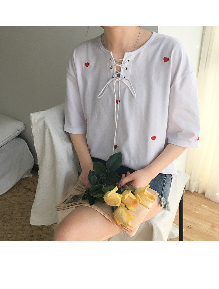 Red Heart Embroidered Cute Casual Loose Shirt - Y2K Aesthetic Top for Effortless Style