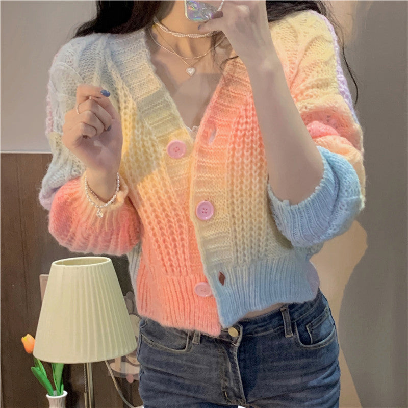 Retro Gradient Colors Y2K Aesthetic Crop Knitted Sweater for Trendy Outfits