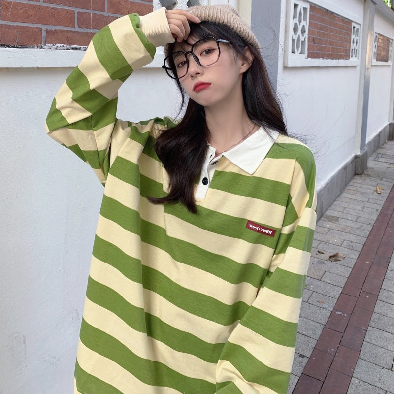 Retro Green Striped Y2K Aesthetic Turn Down Collar Sweater for Trendy Outfits