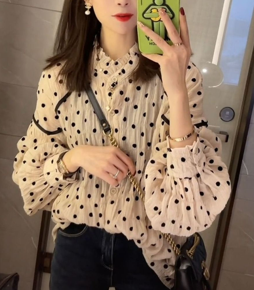 Retro Polka Dot Long Sleeve Blouse - Y2K Aesthetic Cute Top for Vintage-Inspired Outfits