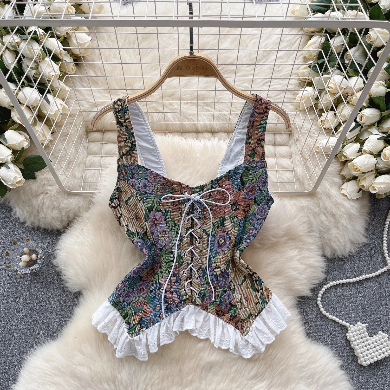 Retro Print Lace Camisole Top - Y2K Aesthetic Cute Layering Piece for Stylish Outfits