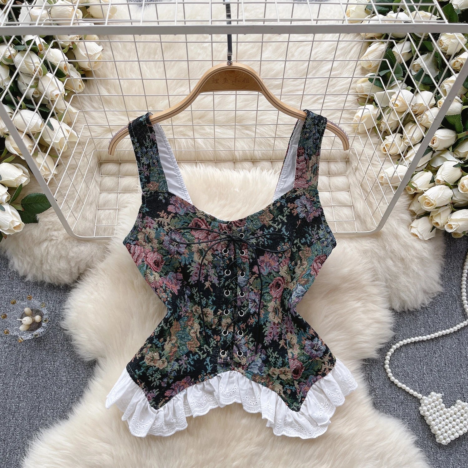 Retro Print Lace Camisole Top - Y2K Aesthetic Cute Layering Piece for Stylish Outfits