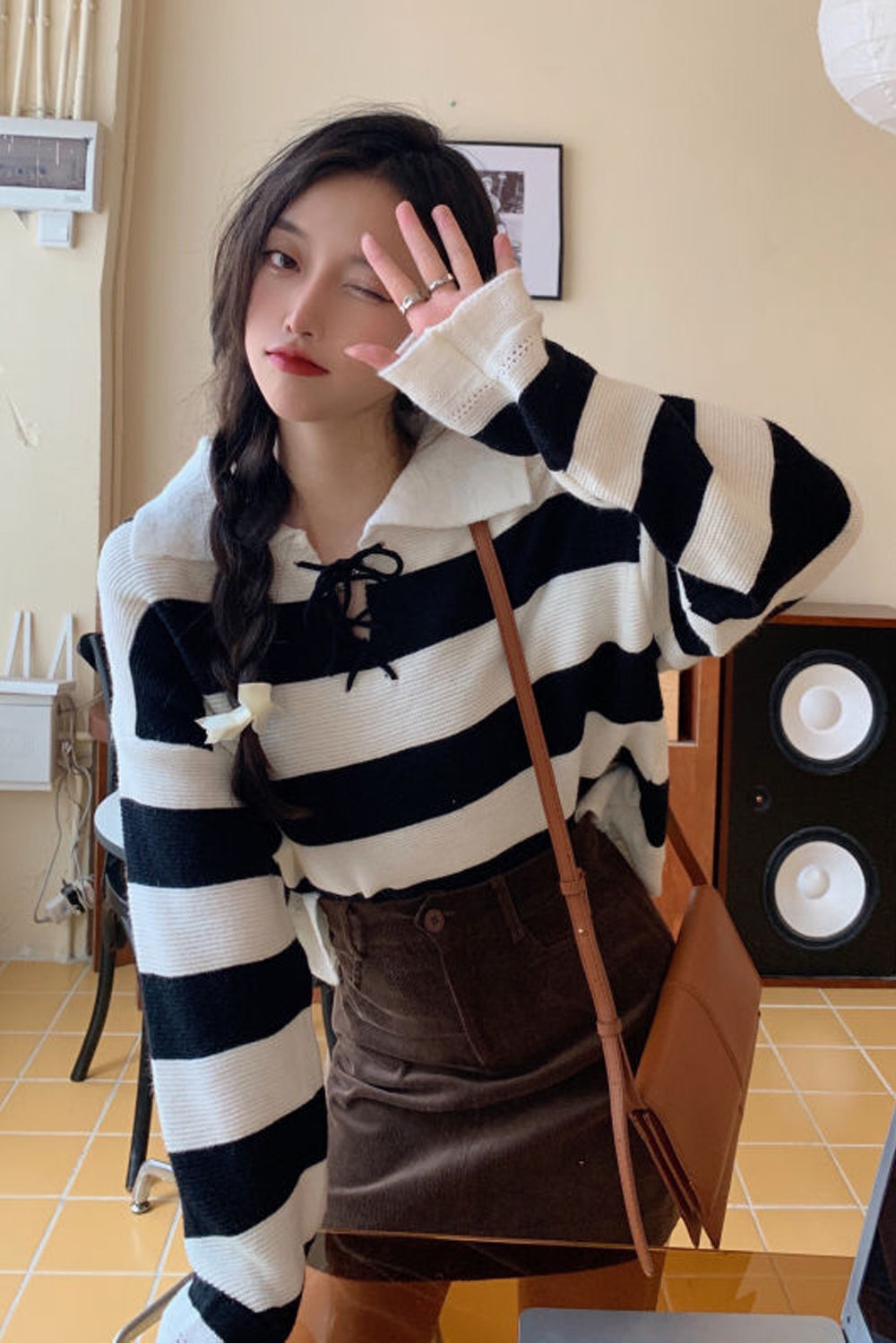 Retro Striped Knitted Sweater with Turn Down Collar for Y2K Aesthetic Fashion