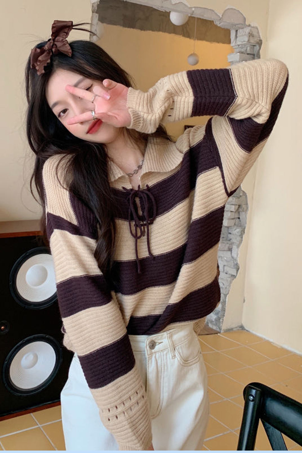 Retro Striped Knitted Sweater with Turn Down Collar for Y2K Aesthetic Fashion