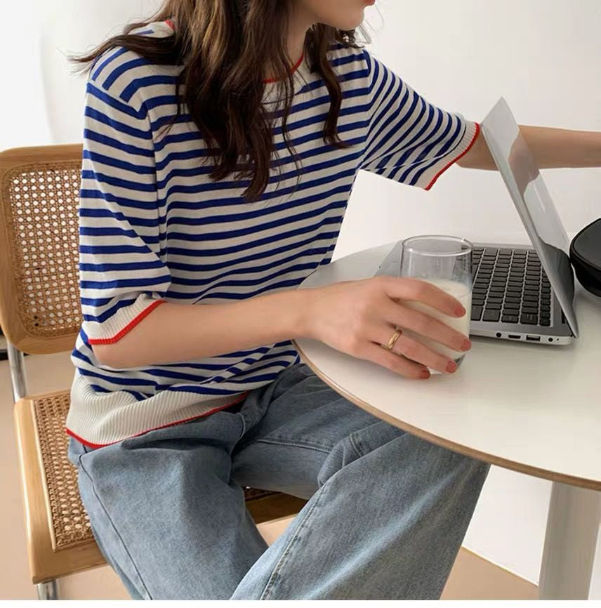 Retro Y2K Blue Striped Short Sleeve Shirt - Vintage Aesthetic Top for Trendy Outfits