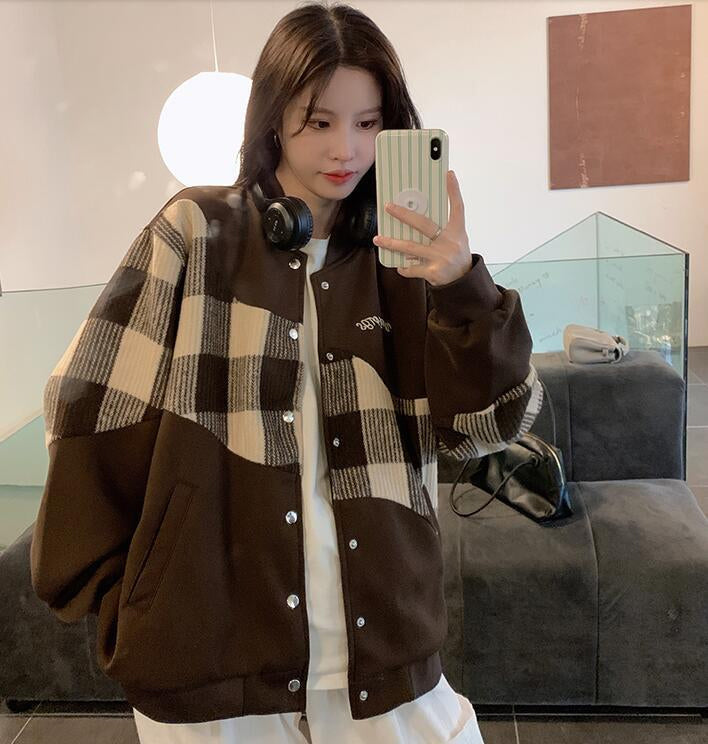 Retro Y2K Cute Plaid Casual Baseball Jacket for Aesthetic Outfits and Coquette Style