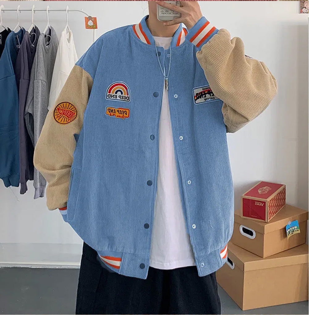 Retro Y2K Letter Embroidered Corduroy Baseball Jacket for Aesthetic Outfits