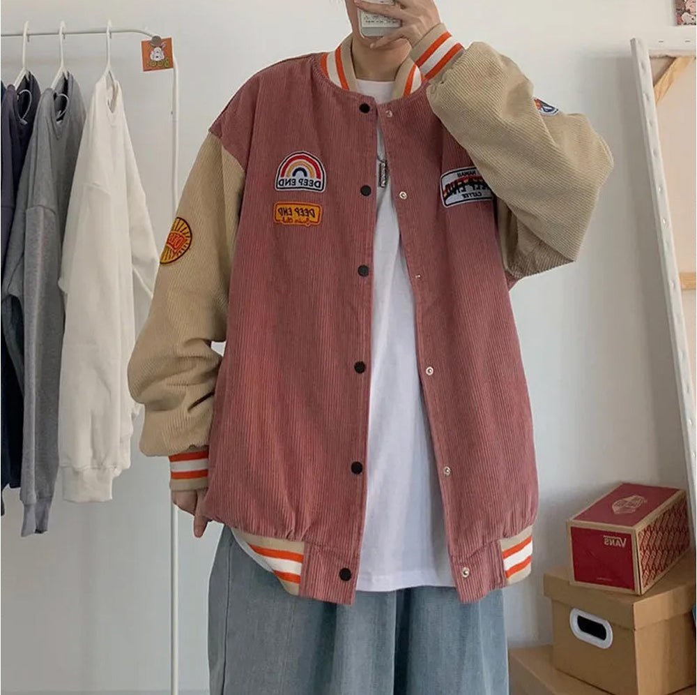 Retro Y2K Letter Embroidered Corduroy Baseball Jacket for Aesthetic Outfits