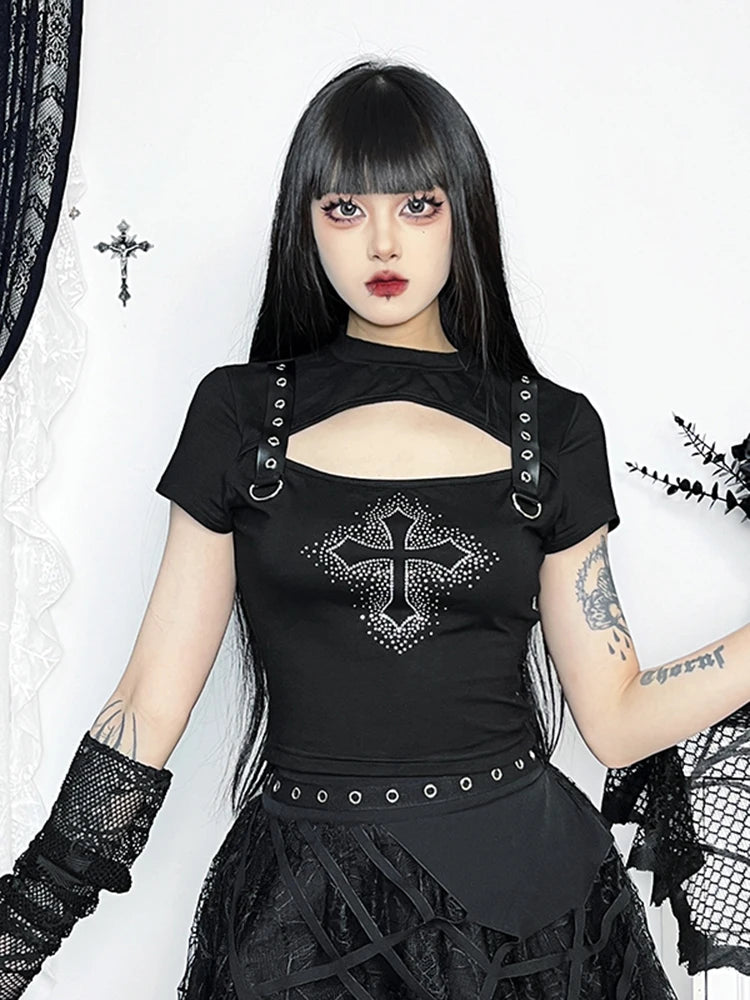 Rhinestone Cross Crop Top - Y2K Aesthetic Cute Top for Grunge and Coquette Styles