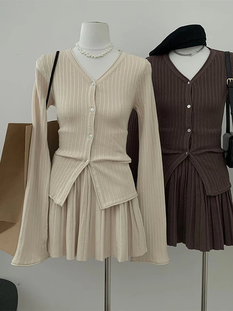 Ribbed Cardigan and Pleated Skirt Set - Y2K Aesthetic Coquette Style Outfit