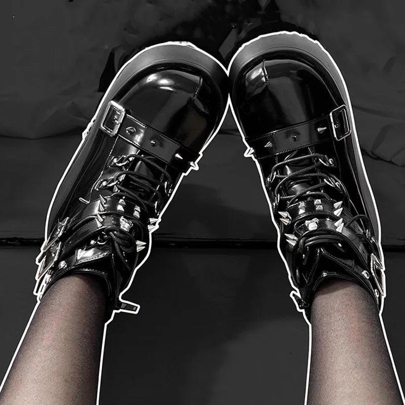 Rivet Platform Punk Boots - Y2K Grunge Style Footwear for Edgy Aesthetic Outfits