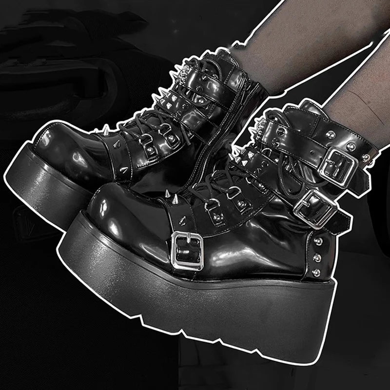 Rivet Platform Punk Boots - Y2K Grunge Style Footwear for Edgy Aesthetic Outfits