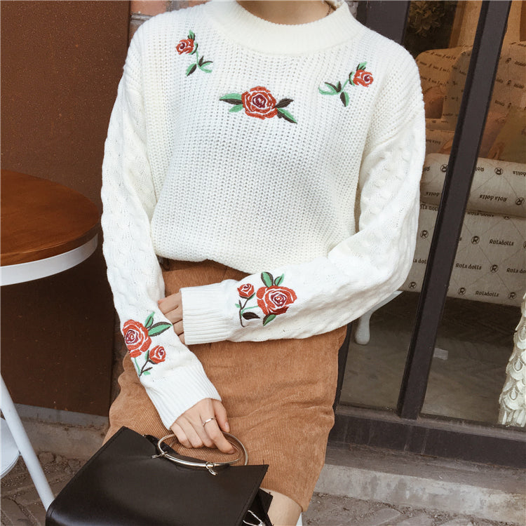 Rose Embroidered Y2K Pullover Sweater - Cute Aesthetic Top for Cozy Outfits