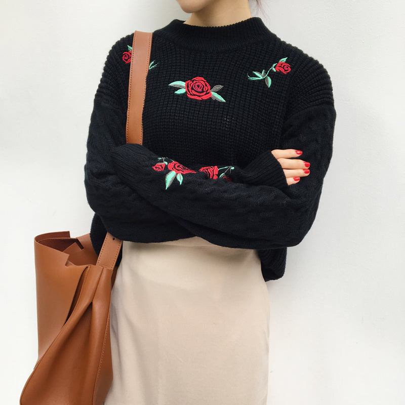 Rose Embroidered Y2K Pullover Sweater - Cute Aesthetic Top for Cozy Outfits