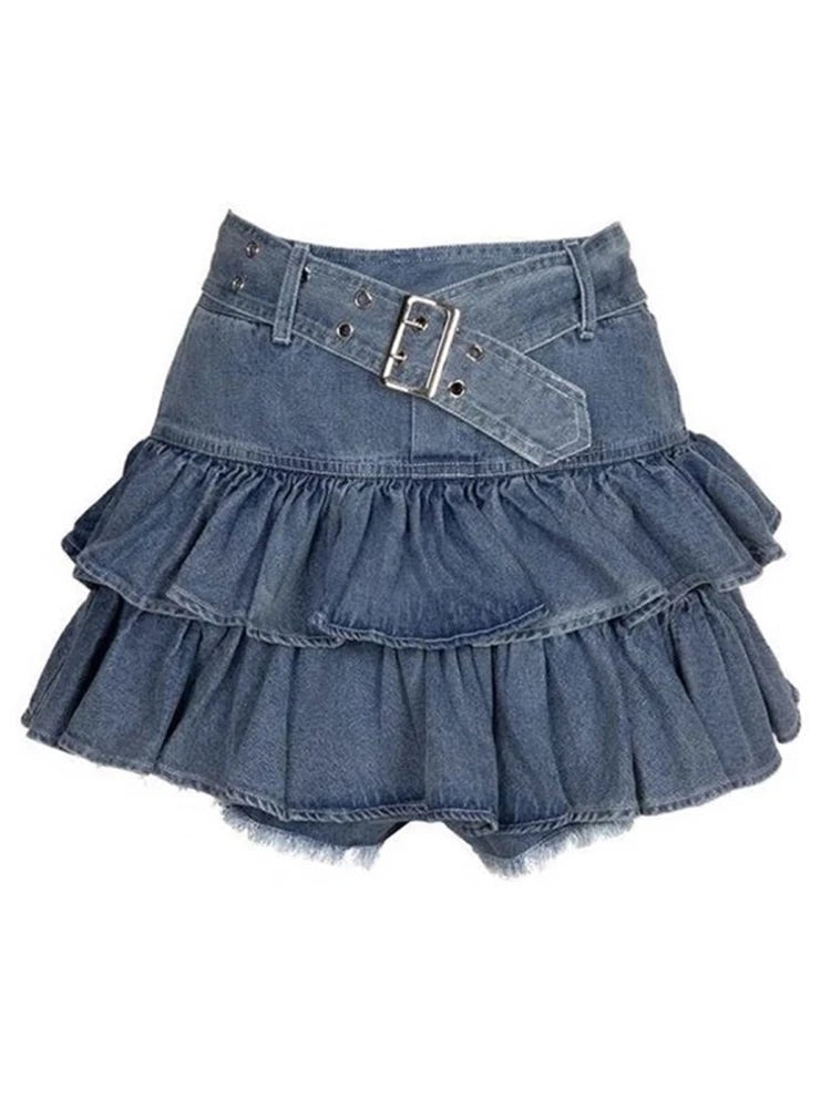 Ruffled Denim Charm Cargo Skirt - Y2K Aesthetic Cute Skirt for Trendy Outfits