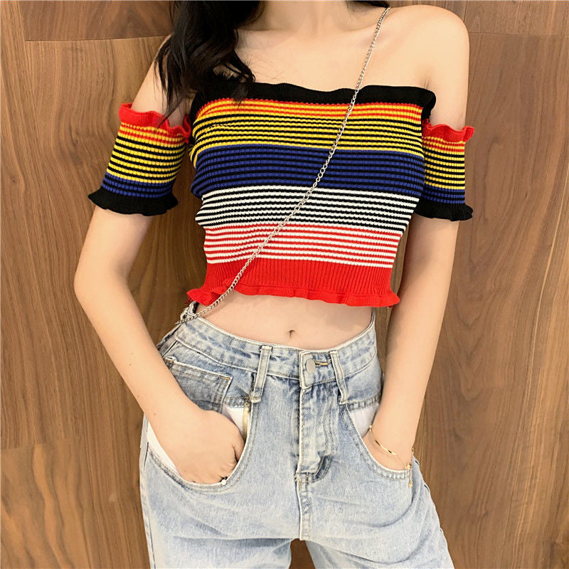 Ruffled Striped Off-Shoulder Crop Top - Y2K Fashion Essential for Aesthetic Outfits