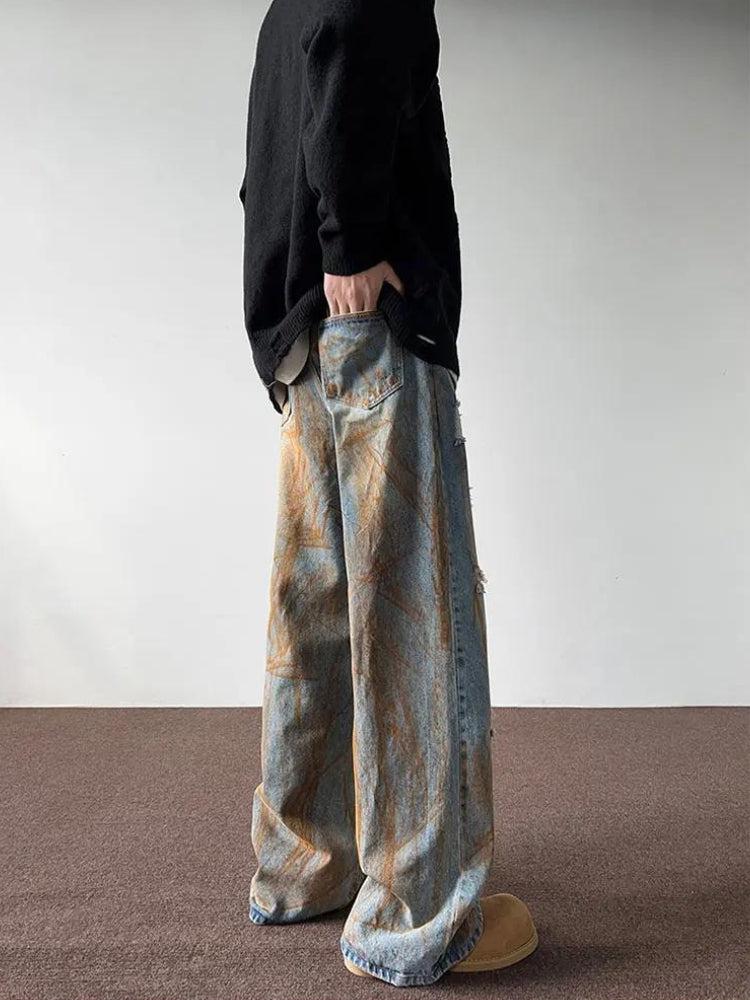 Rusty Pattern Wide Leg Y2K Denim Jeans for Trendy Grunge Aesthetic Outfits