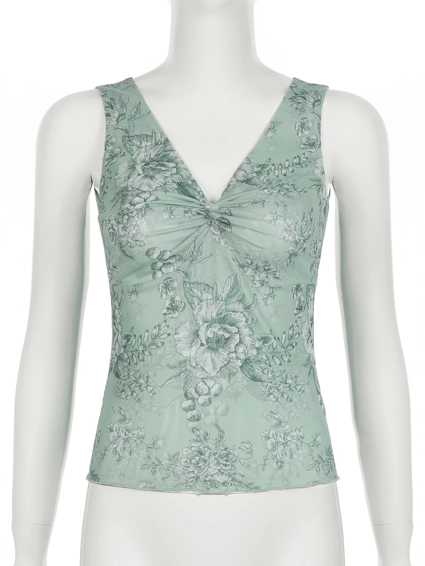 Sage Green Floral V-Neck Top - Y2K Aesthetic Cute Top for Coquette and Grunge Styles