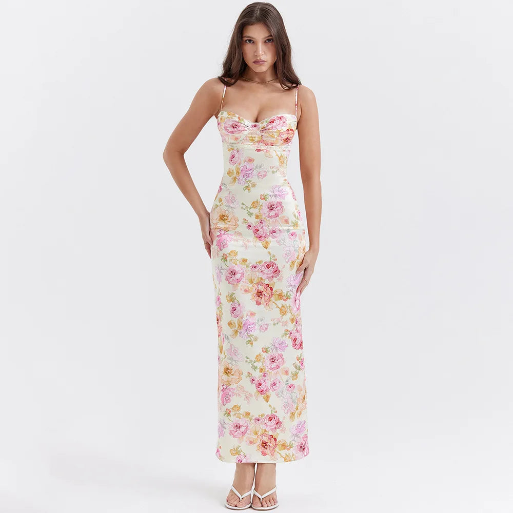 Satin Floral Y2K Aesthetic Pencil Maxi Dress for Effortless Coquette Style