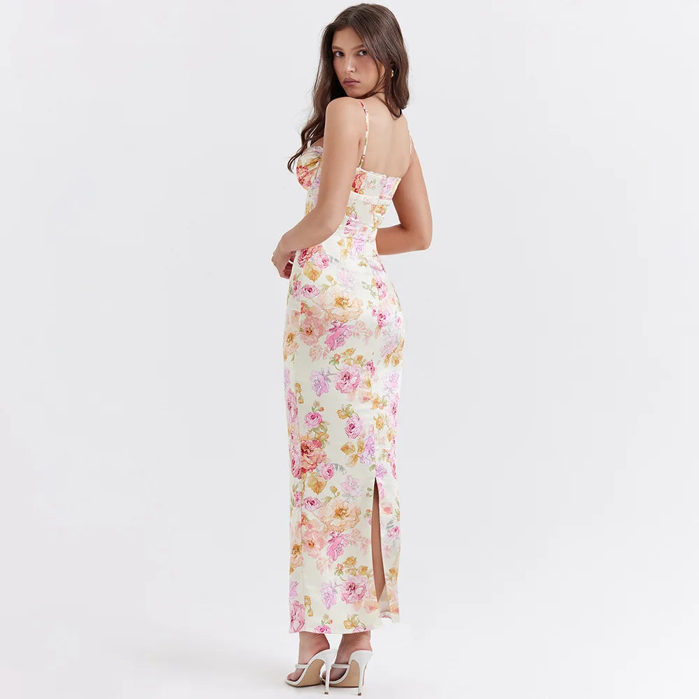 Satin Floral Y2K Aesthetic Pencil Maxi Dress for Effortless Coquette Style