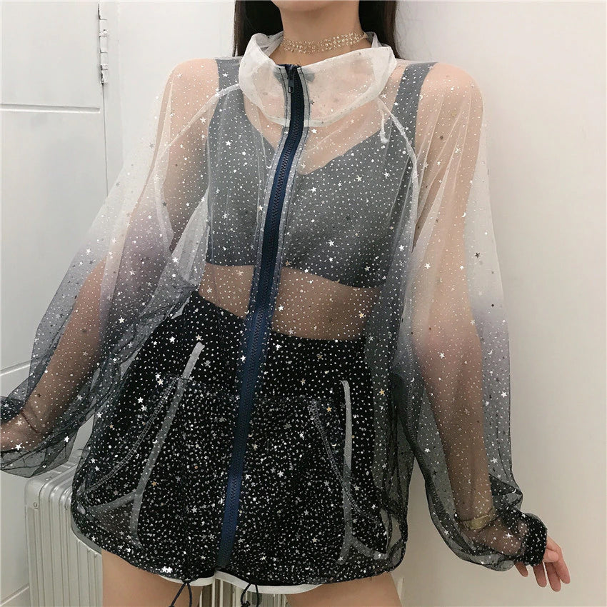 Shiny Stars Gradient Sequined Sunscreen Jacket for Y2K Aesthetic Outfits