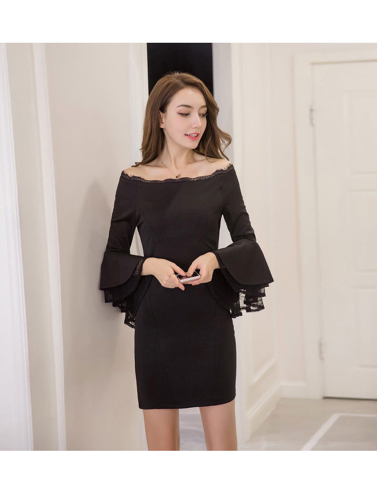 Slim Sexy Lace Flare Dress with Long Sleeves - Y2K Aesthetic Fashion Essential