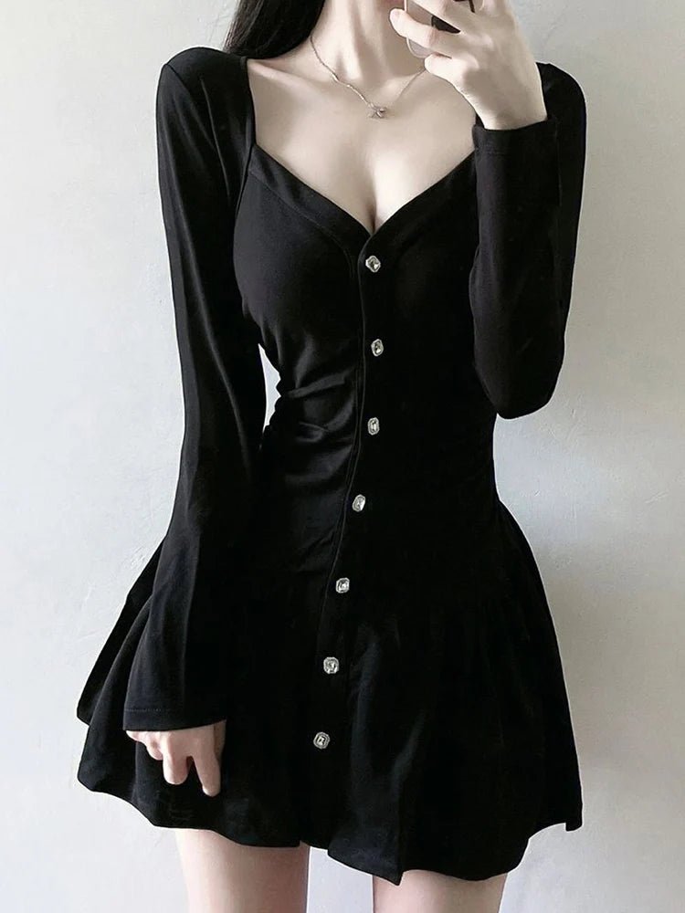 Square Collar Black Dress - Y2K Aesthetic Cute Dress for Coquette and Grunge Styles