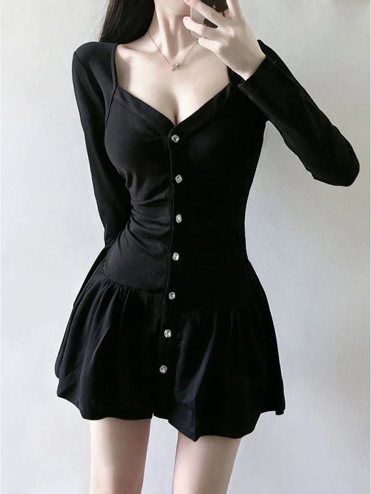 Square Collar Black Dress - Y2K Aesthetic Cute Dress for Coquette and Grunge Styles