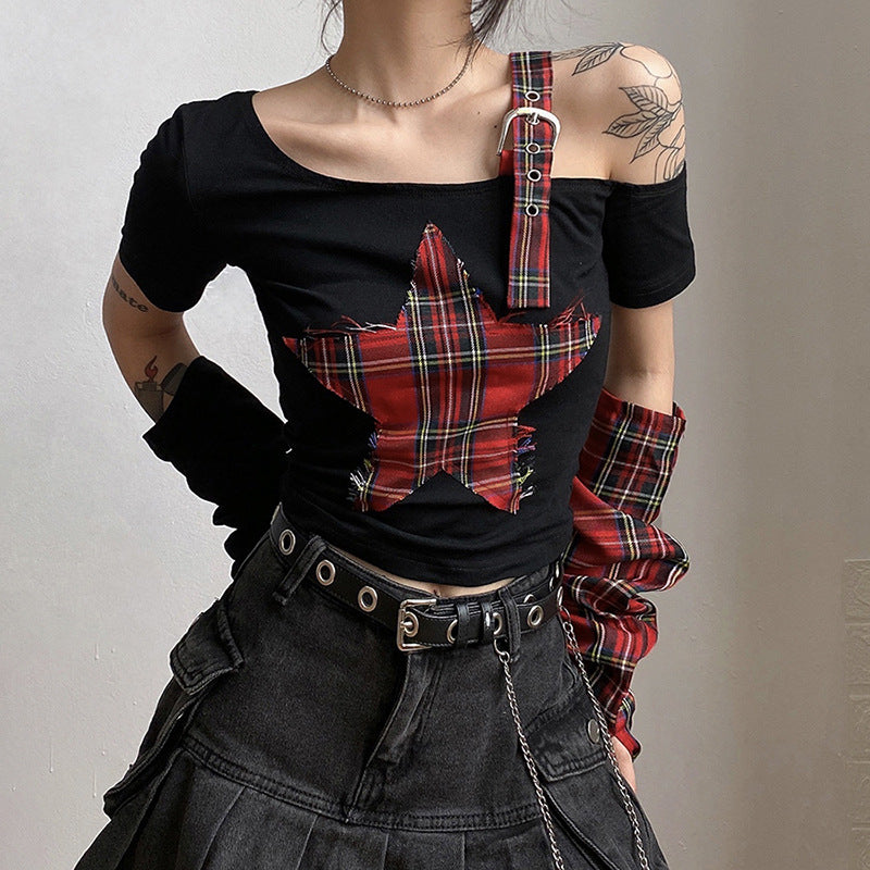 Star Patchwork Grunge Crop Top - Y2K Aesthetic Cute Top for Edgy Outfits and Style